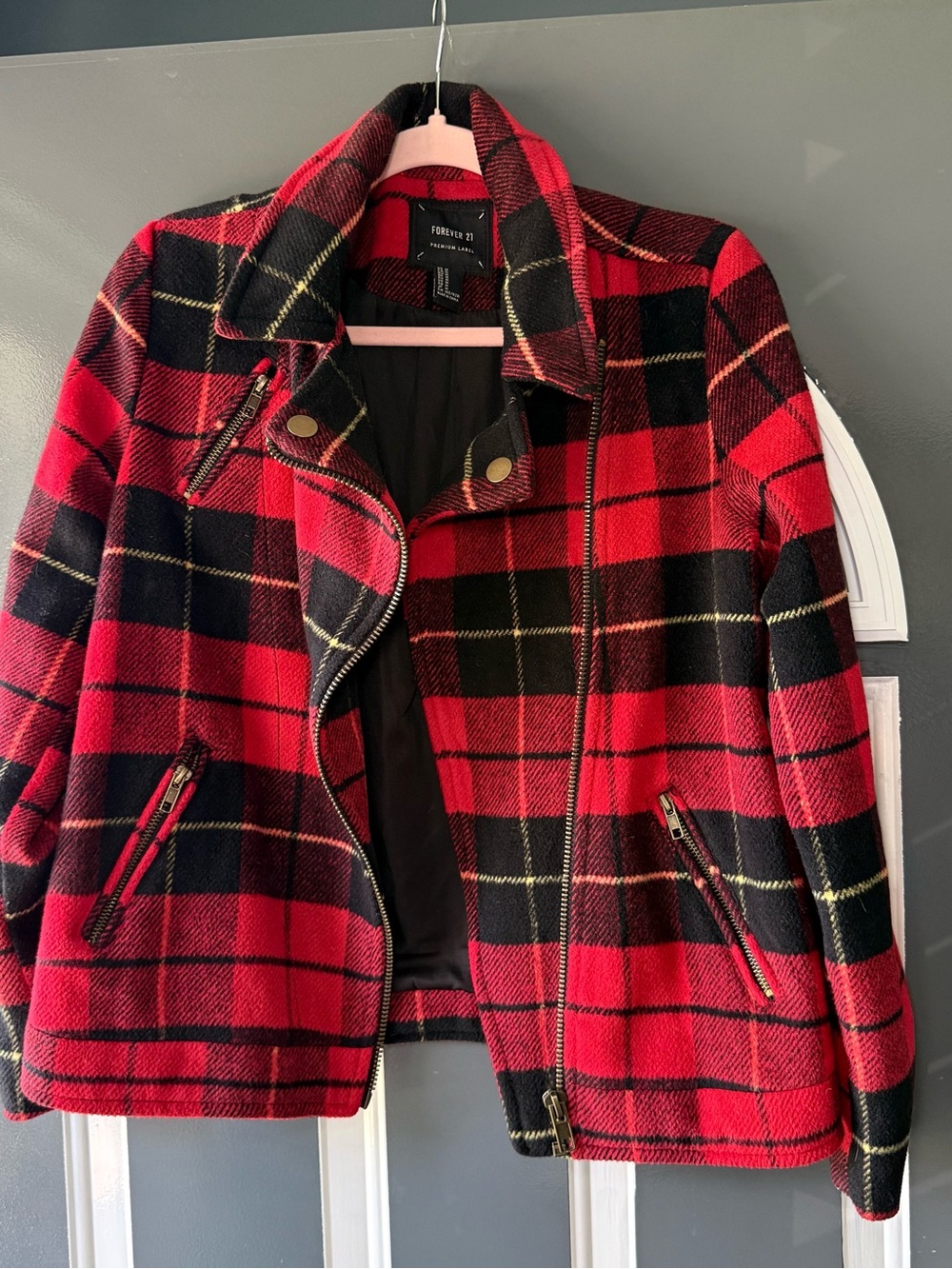 Forever 21 Red and Black Plaid Moto-Style Jacket